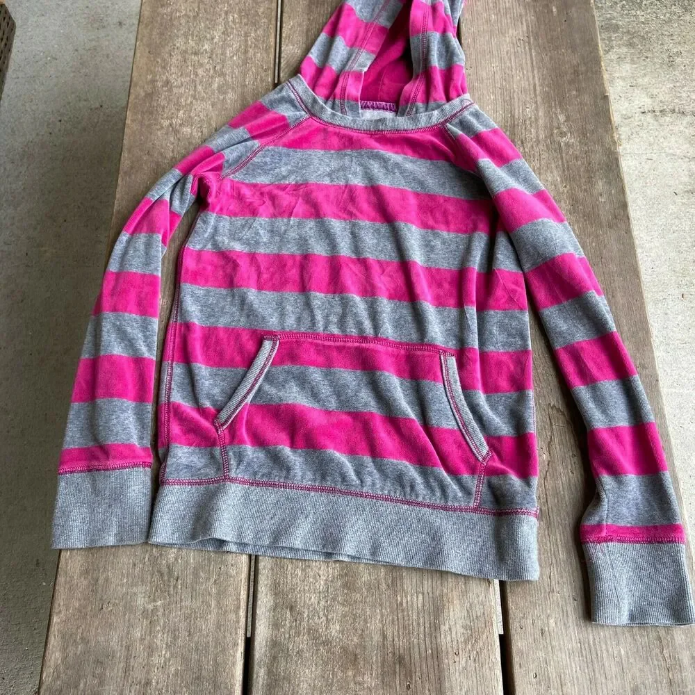 Gap Girls Hoodie Size XL 12 Hot‎ Pink Gray Velour Striped Kangaroo Pocket